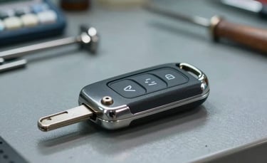 Close-up photography of a high-quality modern car flip key with metallic accents resting on a professional workbench. The background shows a blurry locksmith shop environment in South American / Brazilian setting. Sharp focus, clean and professional look with grayish blue and silver tones.