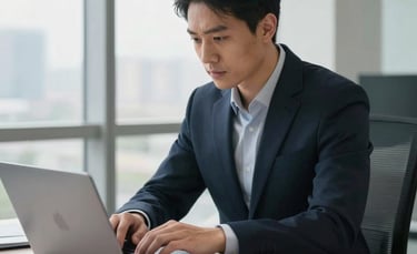 A focused professional in a modern North American office setting, working on a laptop with financial documents nearby. The scene is lit with bright, natural window light, featuring a palette of deep midnight navy and light gray.