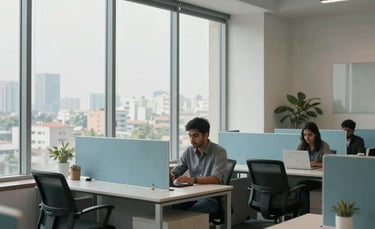 Interior of a modern digital marketing agency office in Ahmedabad, South Asian / Indian business setting, large windows showing a hint of the local skyline, professional workspace with light blue and gray furniture, cinematic natural light.