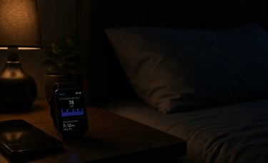 Smartwatch on a nightstand displaying sleep tracking data next to a lamp and bed.