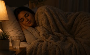 A woman sleeping peacefully in bed under a cozy weighted blanket with a warm bedside lamp.