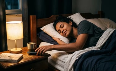 A woman reaches for her smartphone on a bedside table while sleeping in a cozy, dimly lit bedroom.