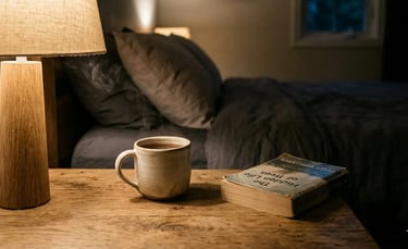 Cozy bedside scene with a steaming mug of tea, an open book, and a warm wooden lamp.