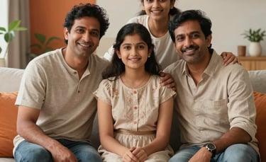 A portrait of a happy South Asian / Indian family sitting together in their cozy, modern home. The lighting is soft and premium, with accents of orange and soft beige in the decor, conveying a sense of security and peace.