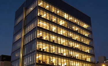 Exterior shot of a contemporary glass and steel building in a South American business district at dusk, warm gold lights glowing from within, dark navy blue sky, modern professional architecture.