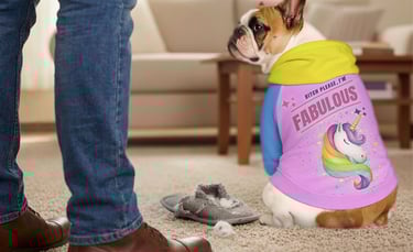 a dog wearing a pink shirt hoodie with a unicorn on it