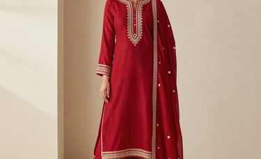 Elegant woman wearing a red silk kurta set with intricate gold embroidery and a matching dupatta.
