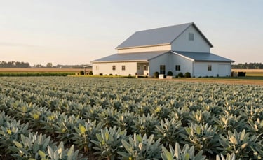 A professional North American agricultural setting at sunrise. A clean, modern farmhouse is visible in the background. The lighting is bright and optimistic, showcasing a well-maintained field with sage and pale green foliage, emphasizing reliability and order.