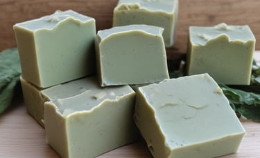 Artisanal soaps in different shapes and subtle natural colors on linen fabric