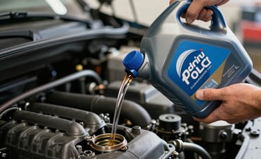 A close-up shot of an auto mechanic's hands pouring fresh motor oil into a car engine, clean and professional lighting, North American / US garage setting, emphasizing reliability and routine maintenance. Colors feature Dark Blue and Off-white Blue.