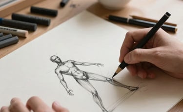 A close-up of hands sketching a human figure in motion on ivory paper. The workspace is filled with charcoal sticks and a cup of tea, set in a serene North American home studio with soft daylight.