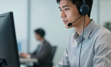 A focused tele-service professional in a modern Brazilian office, wearing a sleek headset and looking at a computer screen. The background is clean and professional with soft blue lighting, reflecting a reliable business environment.