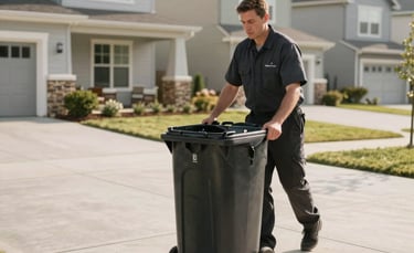 A professional service technician in a dark uniform moving a large black rolling trash bin down a pristine concrete driveway of a modern North American home. The setting is a clean suburban neighborhood during a bright morning, emphasizing high-end residential convenience and maintenance.