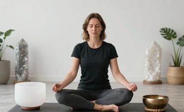 A serene photograph of a professional woman meditating in a bright, modern studio with Northern European design. She is surrounded by mystical artifacts like a large quartz crystal and a singing bowl. The atmosphere is empowering and calm.