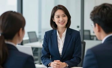 A professional North American / US corporate environment where a specialist is interviewing a candidate in a brightly lit, glass-walled office. The composition is a medium shot, exuding trust and professionalism. The color palette features deep blues and clean whites.