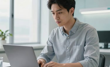 A professional software engineer in a modern North American clinic working on a sleek laptop. The background is a clean, bright medical office with light gray and light blue accents. The mood is focused and efficient, with natural daylight streaming through large windows.