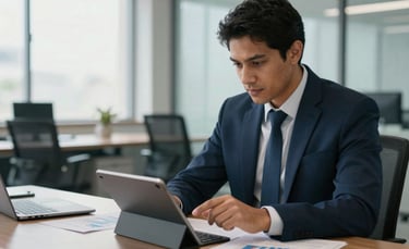 A professional South American accountant in business attire reviewing financial charts on a tablet in a bright, modern Brazilian office, soft natural light, shades of dark blue and grayish blue in the background.
