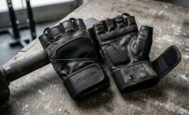 Close em par de luvas de musculação pretas com textura antiderrapante e wrist strap em academia