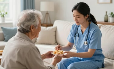 A warm, sunlit North American / US living room where a professional caregiver in a soft blue uniform is kindly assisting an elderly person with a light snack. The atmosphere is peaceful and supportive, featuring soft white and light blue decor.