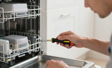 Close up photography of a professional technician's hands using a screwdriver to repair a modern dishwasher in a bright, clean Scandinavian-style kitchen. The lighting is soft and natural, emphasizing a professional and reliable atmosphere. European Spanish setting.