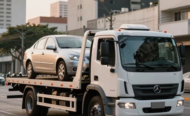 A modern white platform tow truck carrying a silver sedan on a Brazilian city street. Soft afternoon sunlight, professional and clean atmosphere, South American urban background.
