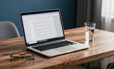 A high-quality photography shot of a modern, clean South Asian home office. On a polished wooden desk sits a laptop displaying a digital document, a pair of glasses, and a glass of water. The lighting is bright and natural, reflecting a professional and efficient atmosphere with accents of dark blue and light blue in the decor.