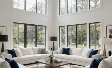 A wide-angle shot of a luxurious, ultra-minimalist North American living room with high ceilings, large windows, pristine white furniture, and a subtle cobalt blue velvet cushion, captured in soft, natural daylight.