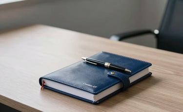 Photography of a clean, modern legal office in Cuiabá-MT, Brazil. The scene features a high-end wooden desk with a leather-bound journal and an elegant pen. Natural light streams in from a window. The palette consists of navy blue, white, and soft grey tones, creating a professional and trustworthy South American atmosphere.