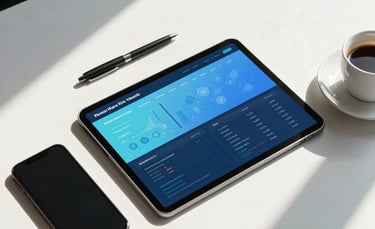 A top-down, clean shot of a modern office desk in a South American business district. A tablet displays a vibrant digital marketing dashboard with light blue and dark blue highlights. Beside the tablet are a smartphone, a sleek pen, and a cup of coffee, all captured in bright, natural morning light.