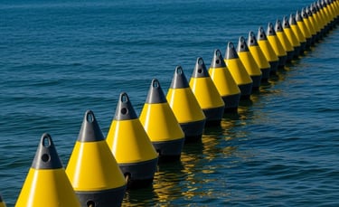 Balizas alineadas en el mar