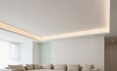 A bright, modern residential living room in Northern Portugal featuring a newly installed minimalist Pladur ceiling with integrated warm LED spot lighting. The room has clean white walls, off-white and pale mint accents, and a professional, polished finish. High-quality architectural photography.