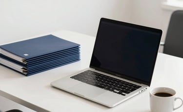 A minimalist, brightly lit South American Brazilian office desk. A high-end laptop sits next to a stack of neatly organized navy blue folders and a ceramic cup of coffee. The lighting is soft and natural, emphasizing a professional and calm atmosphere.