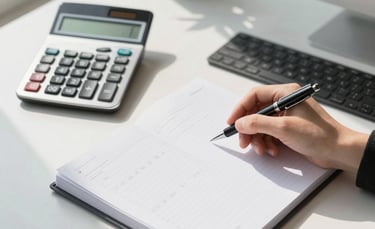 A top-down photographic shot of a clean, modern workspace in a North American / US office. A hand holding a high-end pen rests next to a sleek calculator and a neatly organized financial ledger. Soft morning light enters through a window, highlighting the texture of white paper and charcoal gray desk accessories.