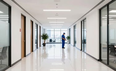 A wide-angle interior photograph of a modern, brightly lit office lobby in Long Island City. The white floors are polished and reflecting the ceiling lights. A janitorial professional in a professional blue uniform is visible in the distance, performing maintenance. The atmosphere is exceptionally clean, professional, and corporate, representing a North American business environment.