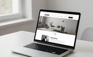 A clean, minimalist desk in a bright North American / US home office. A sleek high-end laptop on the desk displays a crisp, modern website design. Soft natural morning lighting comes from a nearby window. The atmosphere is professional and innovative, using a color palette of white, light gray, and deep black.