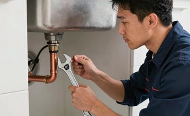 A professional North American plumber in a navy blue uniform using a wrench to repair a copper pipe under a kitchen sink. The setting is a modern, clean kitchen with bright lighting. High-quality photography style with a focus on precision and efficiency.
