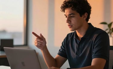 Fotografía profesional en Latinoamérica / EE.UU. de un hombre joven en su oficina moderna con luz natural, vistiendo un polo oscuro, explicando una estrategia de marketing frente a una laptop. La composición es cercana y educativa, con acentos de color naranja atardecer profundo en la decoración de fondo.