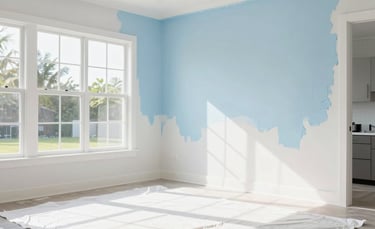 A bright, sun-drenched modern living room in a North American / Florida, US home being painted in a fresh white and light blue color palette. Professional setup with clean drop cloths and professional painting tools, but no people visible. High-end residential interior with large windows and clean lines.