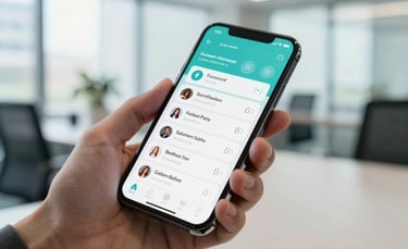 Close-up photography of a modern smartphone held by a hand in a bright Jakarta office, displaying social media notifications and rising follower counts, soft natural lighting, professional mood, featuring teal and light blue accents.