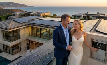 A couple standing on a rooftop with solar panels overlooking an ocean view luxury home.