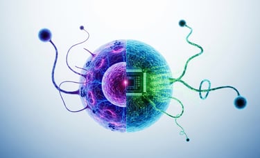 Half-biological, half-digital sphere illustrating the fusion of bioengineering and AI systems.