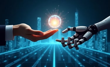 Human and robot hands meeting with a glowing data sphere between them, symbolizing human-AI collaboration in a digital city.