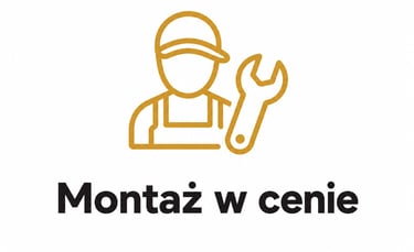 Ikona montera z kluczem i napisem Montaż w cenie informująca o profesjonalnej usłudze instalacji.