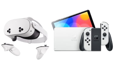 White Meta Quest 3 VR headset with controllers next to a Nintendo Switch OLED gaming console.