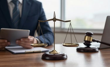 A professional South American / Brazilian legal environment with focus on a scale of justice on a polished wooden desk, soft natural lighting through a window, navy blue and white colors in the background.