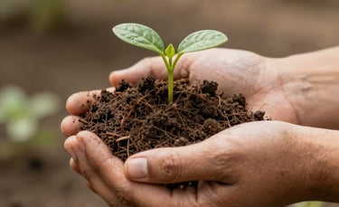 Macro photography of a person's hands holding rich, dark organic soil with a small green sprout emerging, captured in a sun-drenched garden in South American / Brazilian setting, olive drab and pale olive tones.
