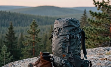 Cinematic photography of a professional quality hiking backpack and leather boots resting on a granite rock overlooking a vast North American pine forest at dawn. The lighting is soft and natural with tones of stone, forest green, and sand.