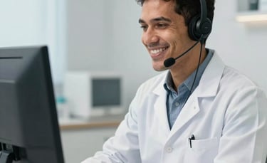 A professional South American pharmacist wearing a white coat and headset, sitting in a bright and modern clinic office in Brazil, smiling warmly while looking at a computer monitor. The background is soft and clean with pale blue and white tones, suggesting a trustworthy tele-consultation environment.
