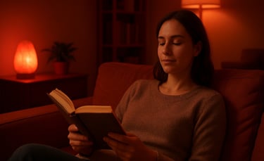 a woman sitting on a couch reading a book