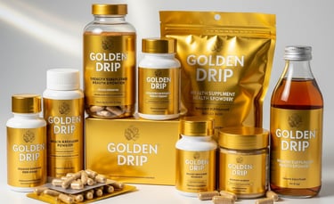 a variety of golden drizzled products including a gold dropper